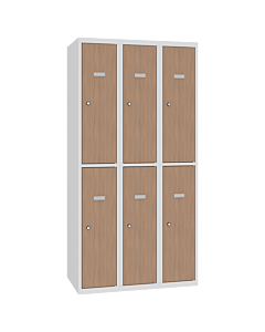 Brede half-hoge kledinglockers met houtlook laminaatdeuren voor 6 personen - H.180 x B.120 cm